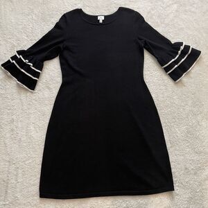 Dressbarn Womens Knitted Sweater Dress Size PM M Petite Black Ruffle Sleeve